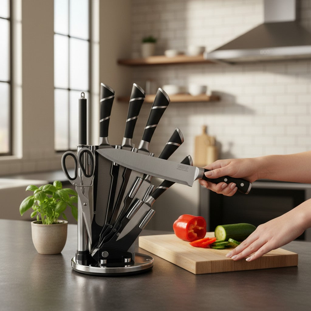 Faqueiro Profissional Cabo Preto Decorado Giratório Alidolado