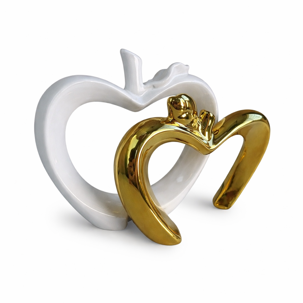 Escultura Decorativa Maçã em Cerâmica Branco com Dourado