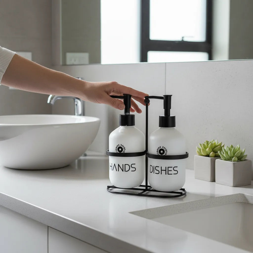 Kit Dispenser de Vidro Branco Fosco com Suporte Preto