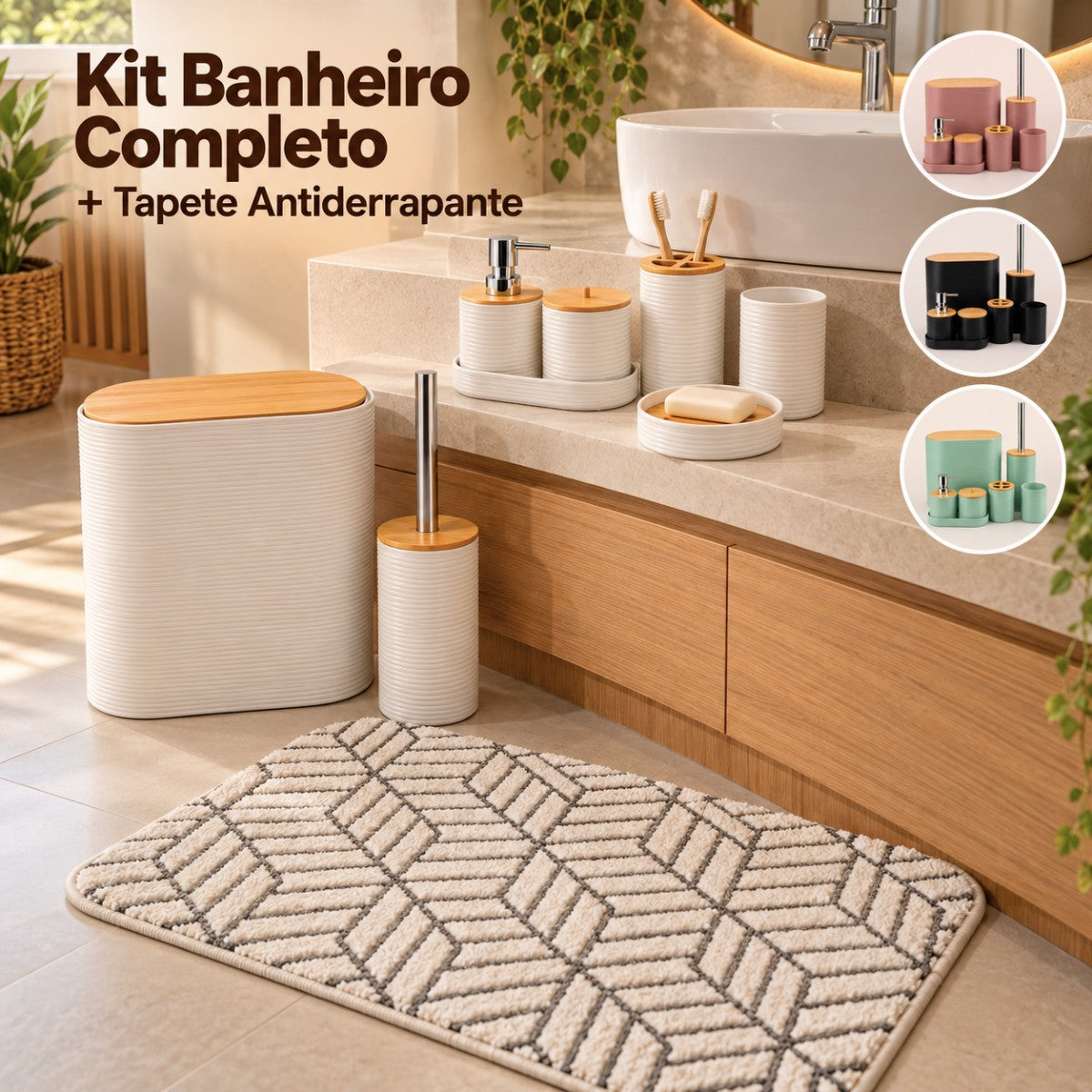 Kit Banheiro Completo com Tapete Antiderrapante 9 Peças Bambu Lixeira Dispenser Bandeja Lavabo