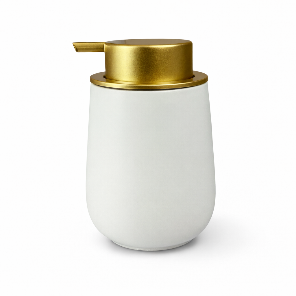 Dispenser de Sabonete Cerâmico Branco com Tampa Dourada Minimalista