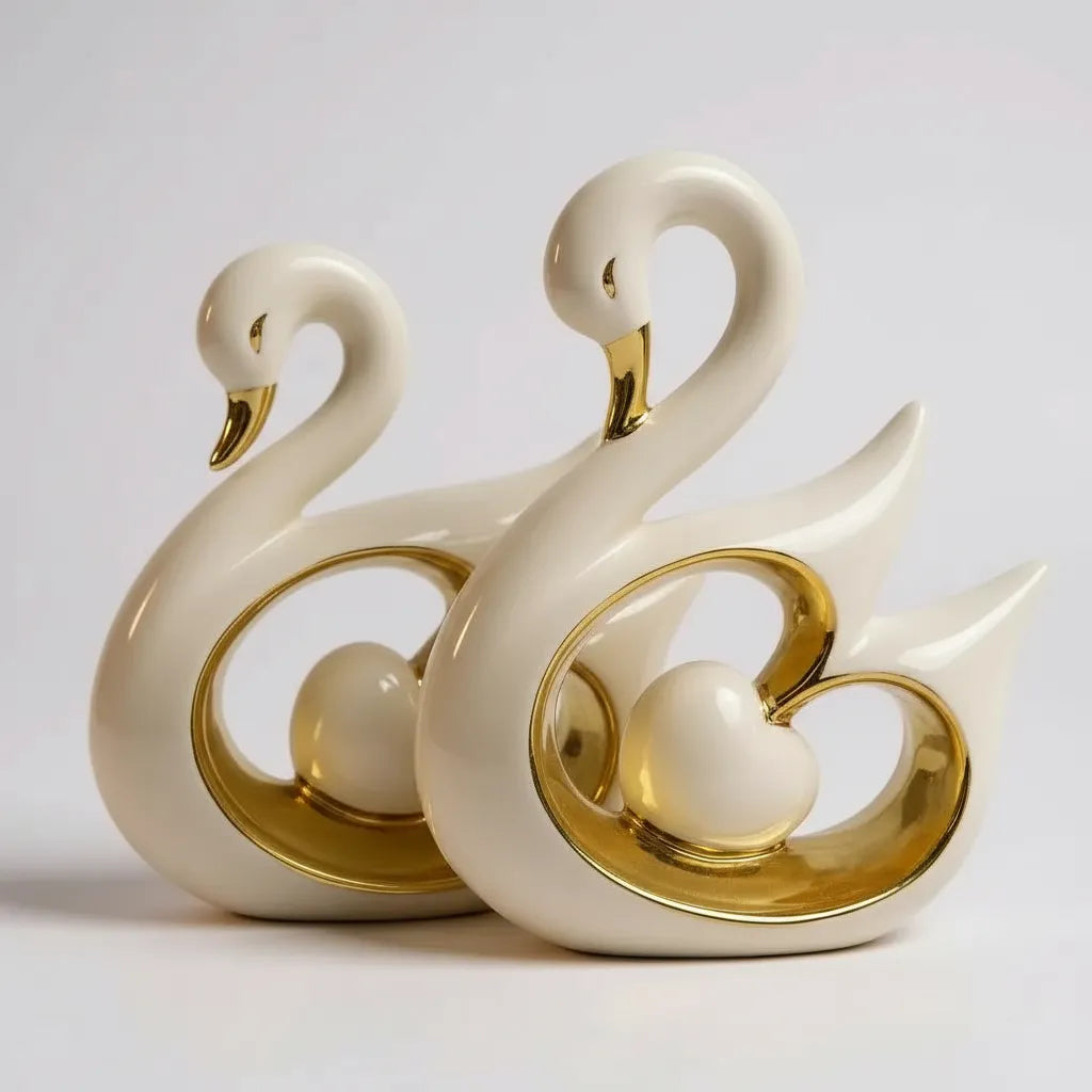Par de Cisnes Decorativos Brancos com Detalhes Dourados