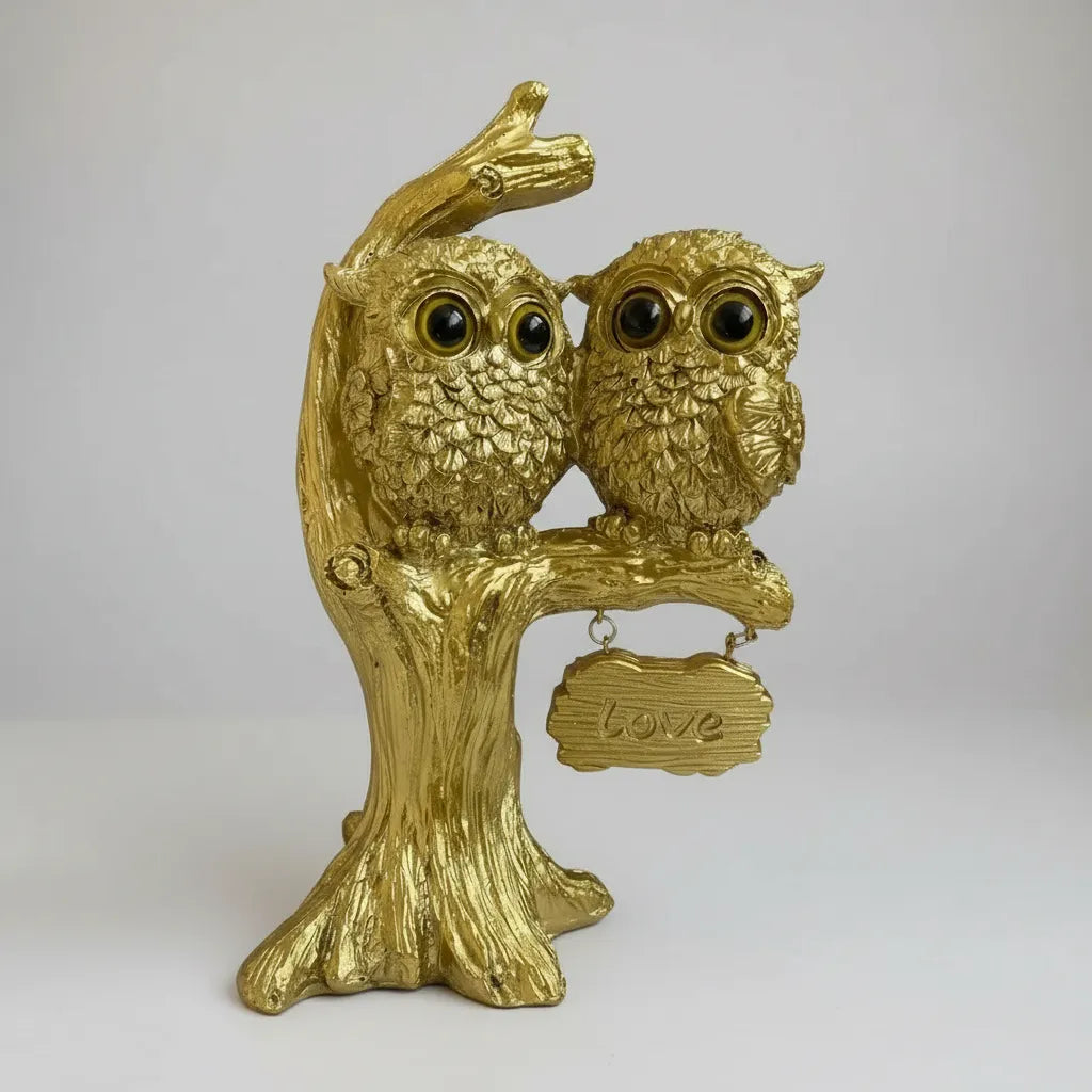 Escultura Decorativa Corujas do Amor na Árvore em Resina