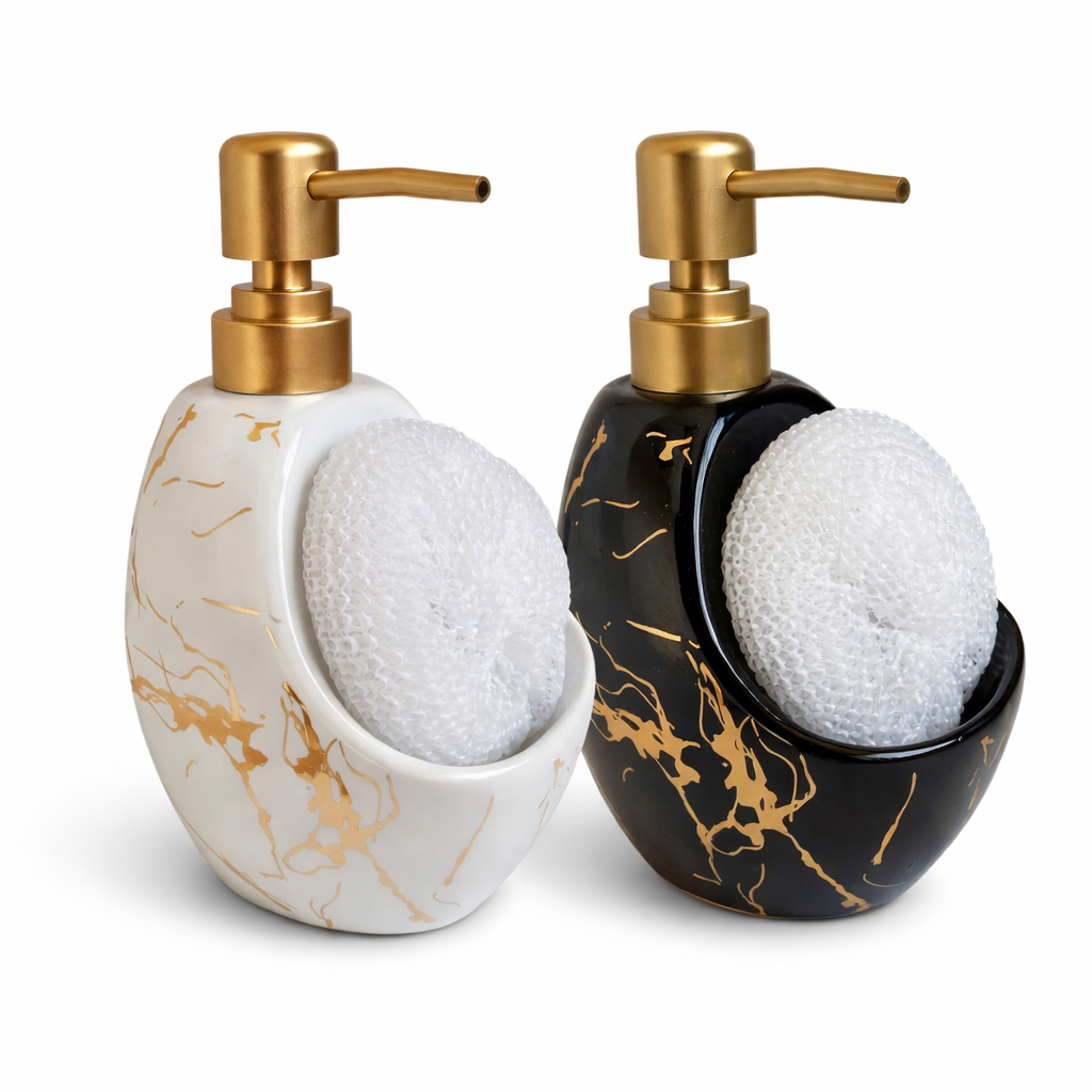 Dispenser de Sabonete Elegância em Cerâmica Branco ou Preto com Dourado