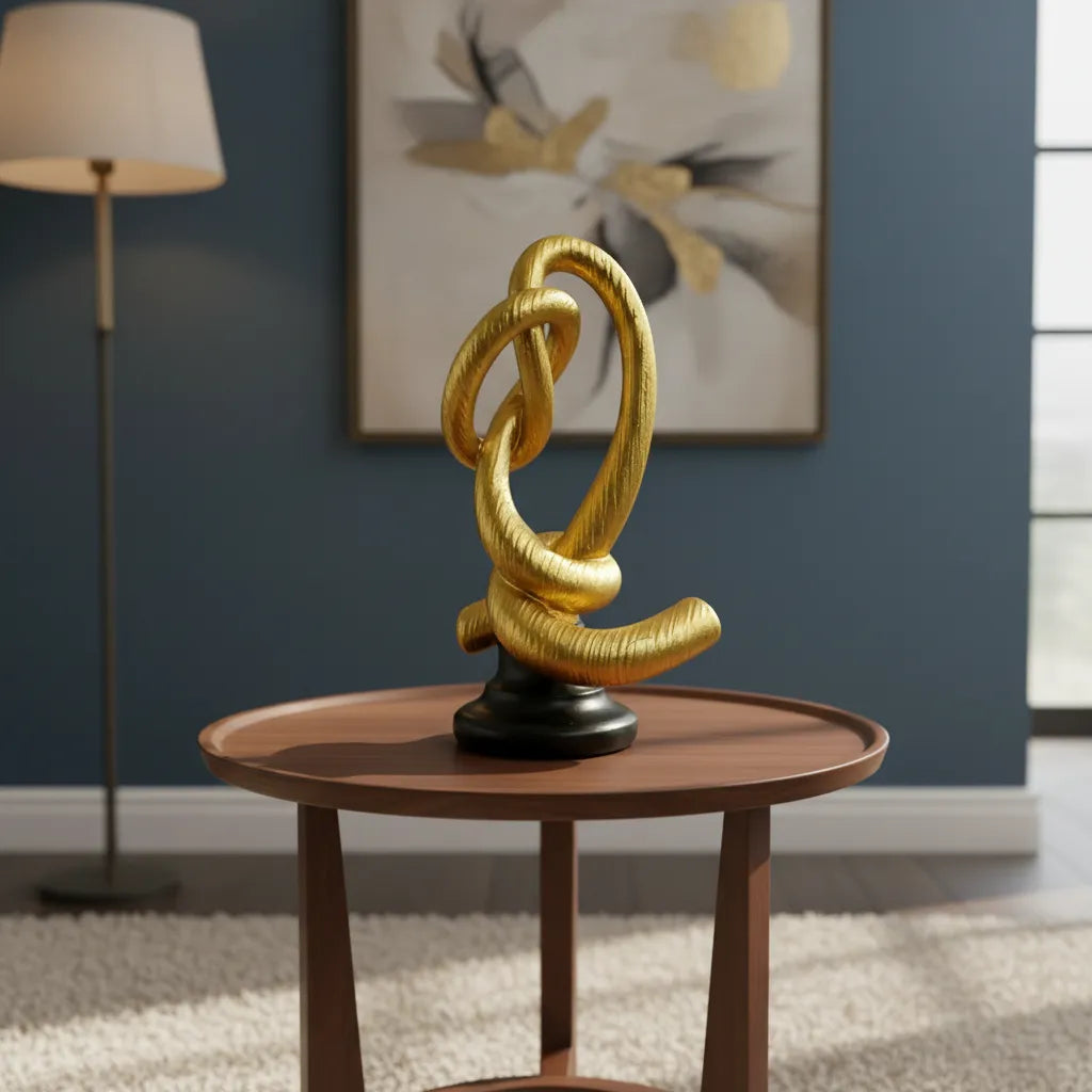 Escultura Decorativa Entrelaçada Dourada com Base Preta em Resina