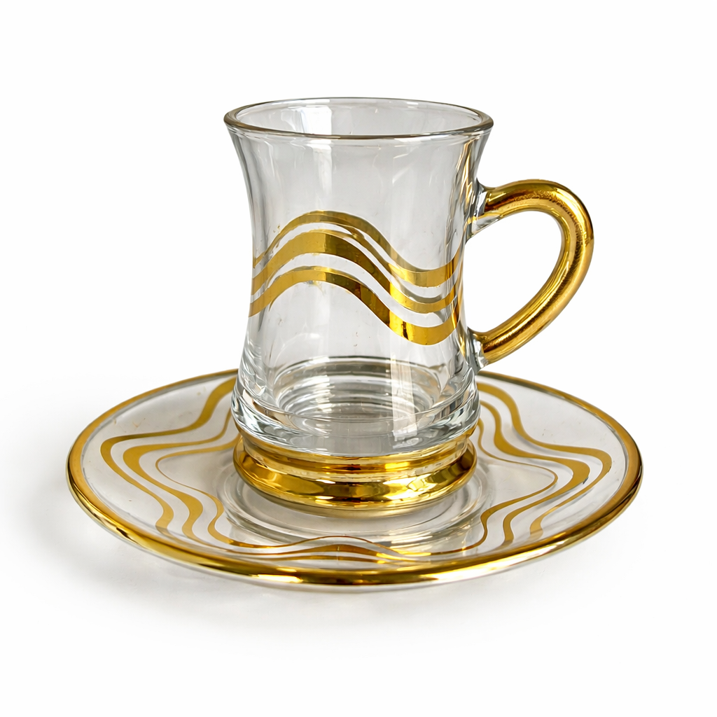 Xícara de Café de Vidro com Pires e Borda Dourada