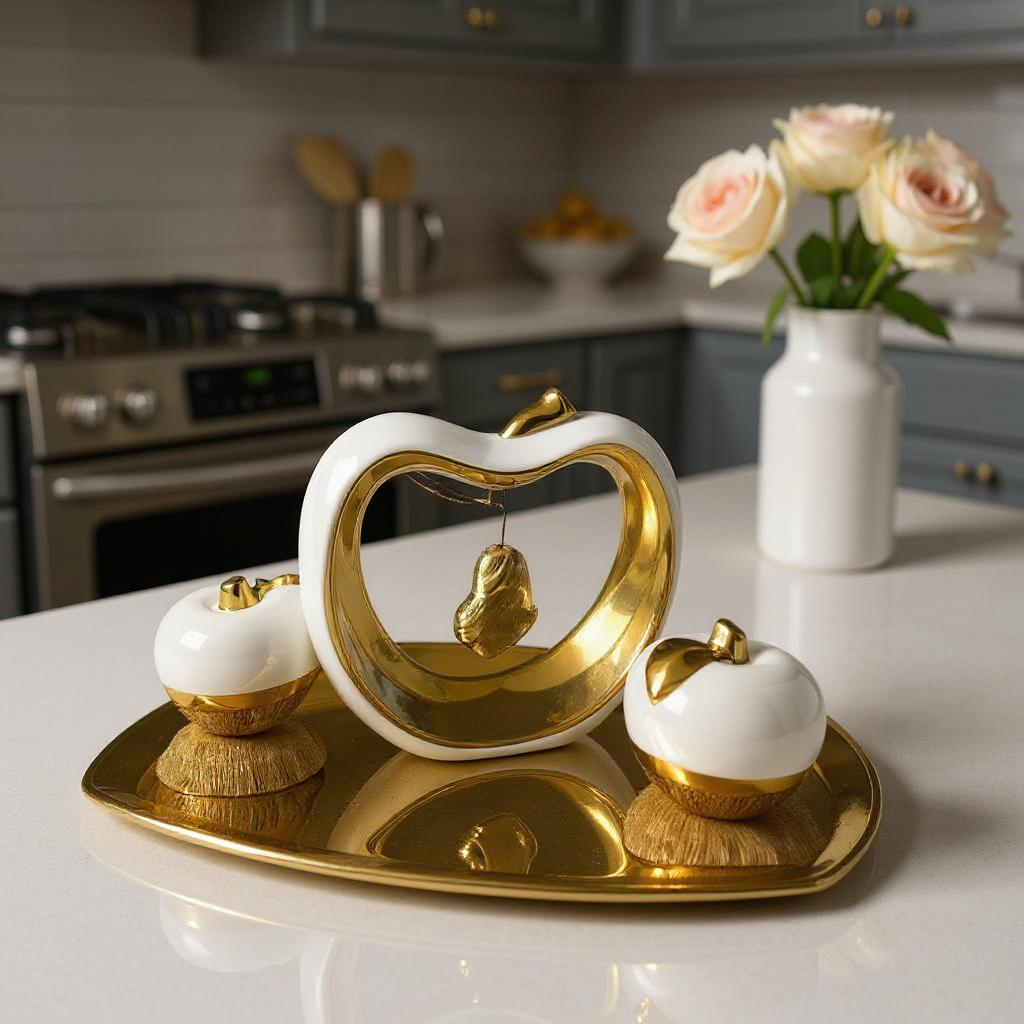 Conjunto Decorativo com Maçãs e Coração Dourado Branco Alidolado