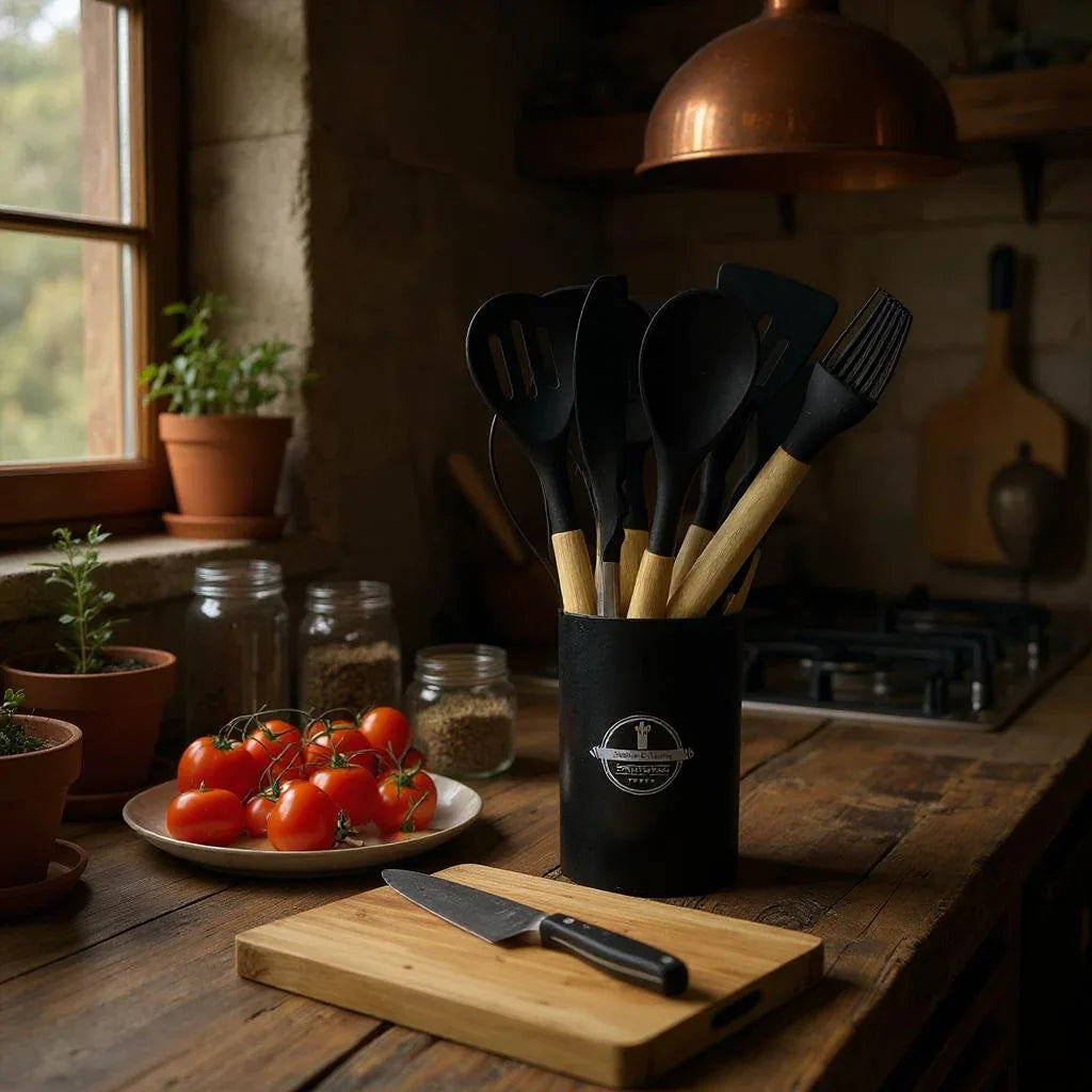 Conjunto de Utensílios de Cozinha Branco – 12 Peças com Cabo de Madeira e Suporte