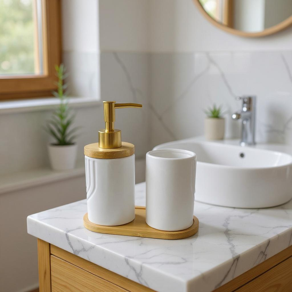 Conjunto de Banheiro com Bandeja de Bambu Branco com Dourado Alidolado