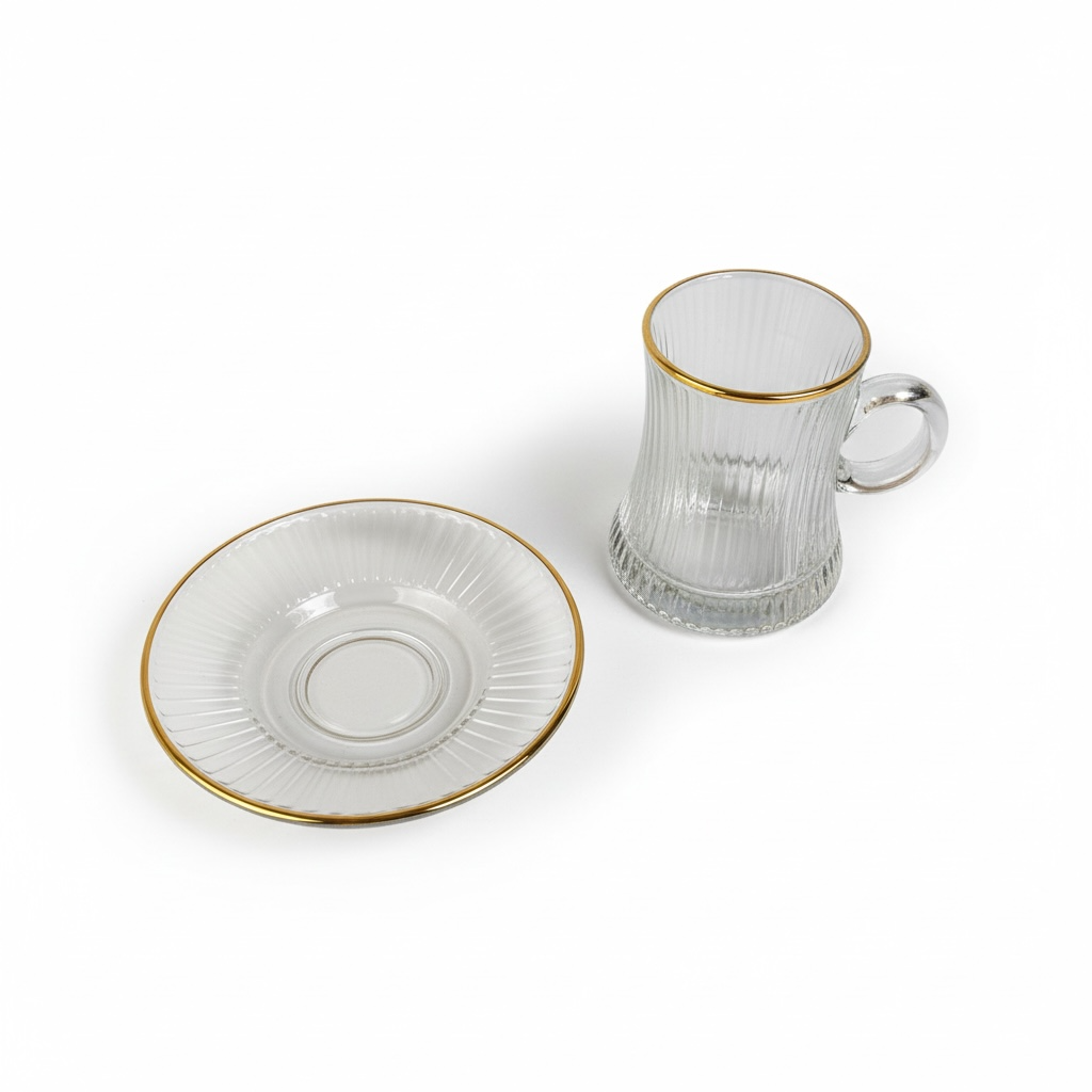 Xícara de Café com Pires Vidro Canelado Dourado 120ml 12 Peças - 8190B-6+6TG gold line