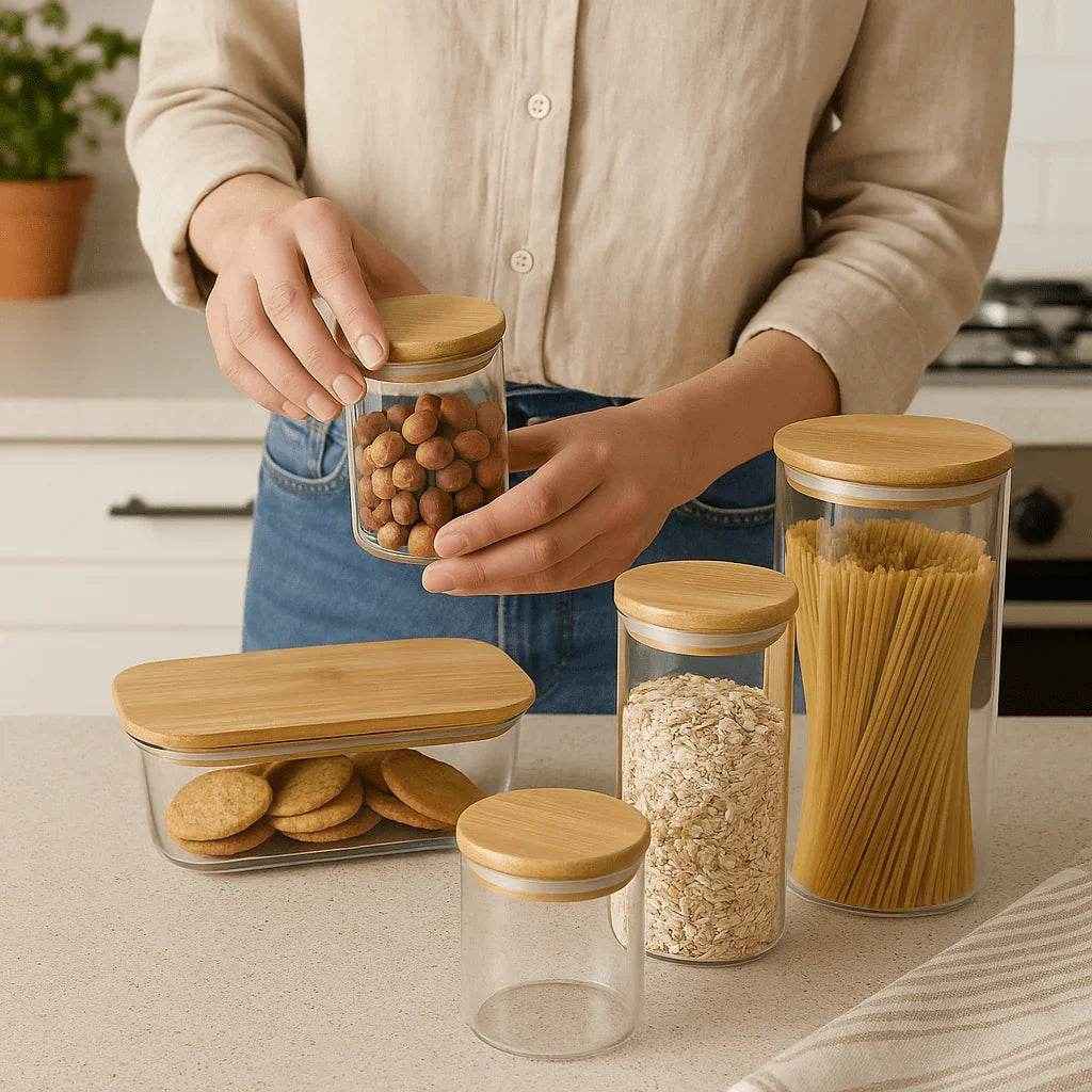 Kit de Potes Herméticos com Bowl Tampa de Bambu Alidolado