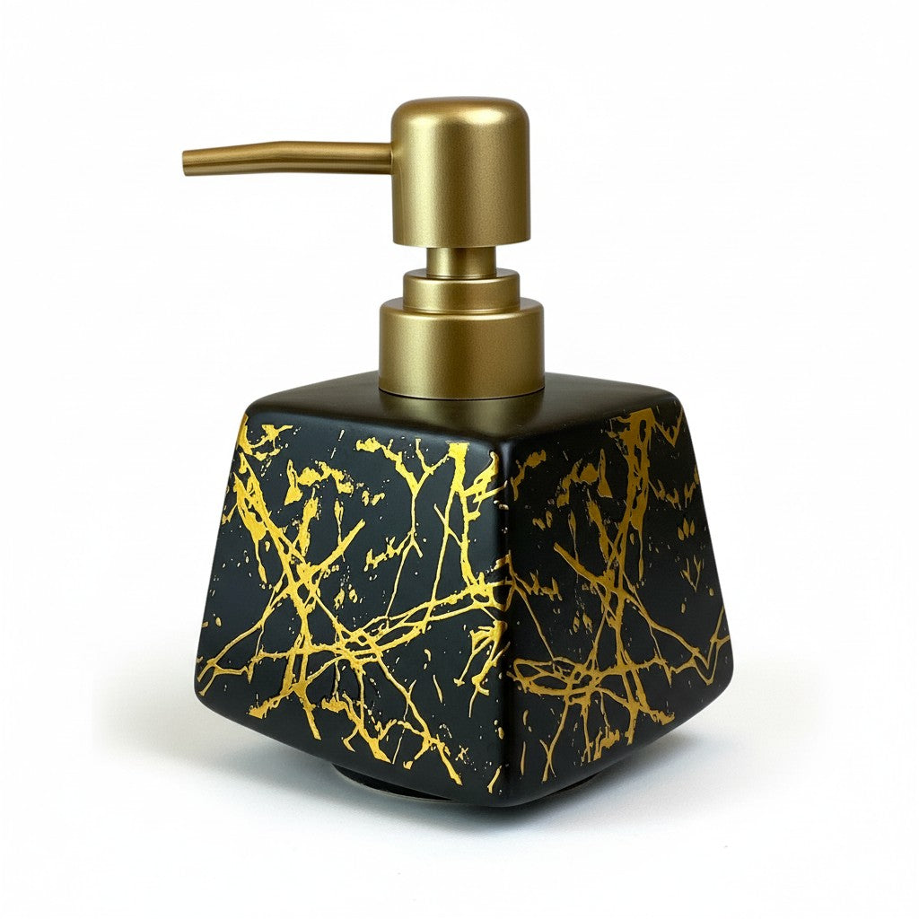 Dispenser de Sabonete Luxo Cerâmico Branco Marmorizado com Tampa Dourada