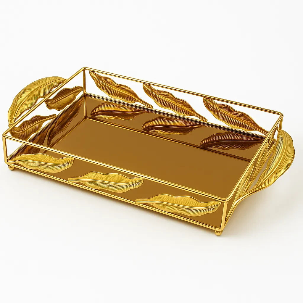 Bandeja de Vidro com Acabamento Dourado Luxo Alidolado