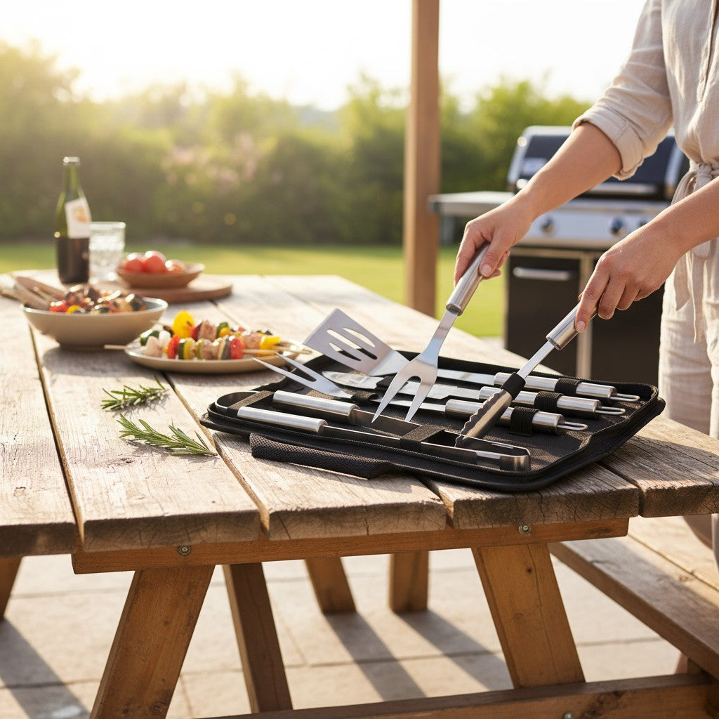 Kit para Churrasco com Estojo de Transporte – 4 Peças em Aço Inox