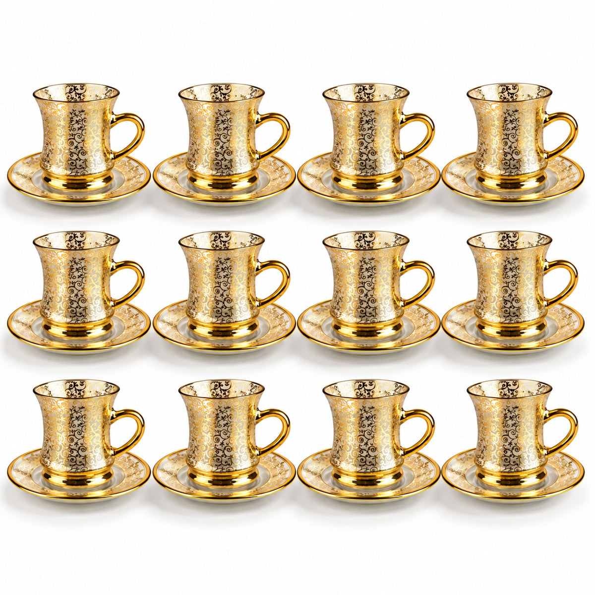 Conjunto de Xícaras Turcas de Vidro com Pires 90ml Borda Dourada Chá e Café Kit 2 a 12 Unidades Modelo Árabe