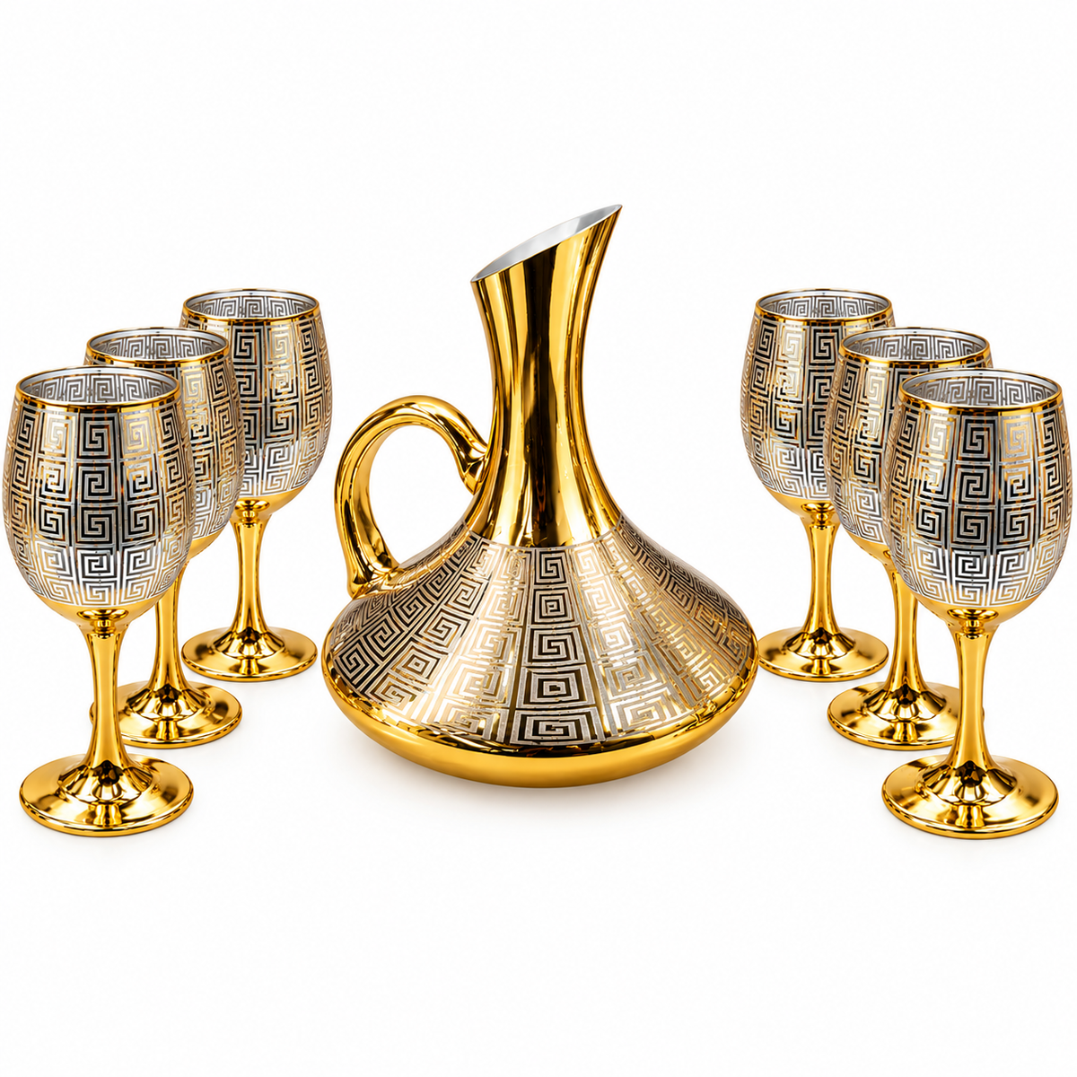 Conjunto Jarra Decanter de Vidro 1,5L Dourado com 6 Taças Decoradas Luxo Diversos Modelos