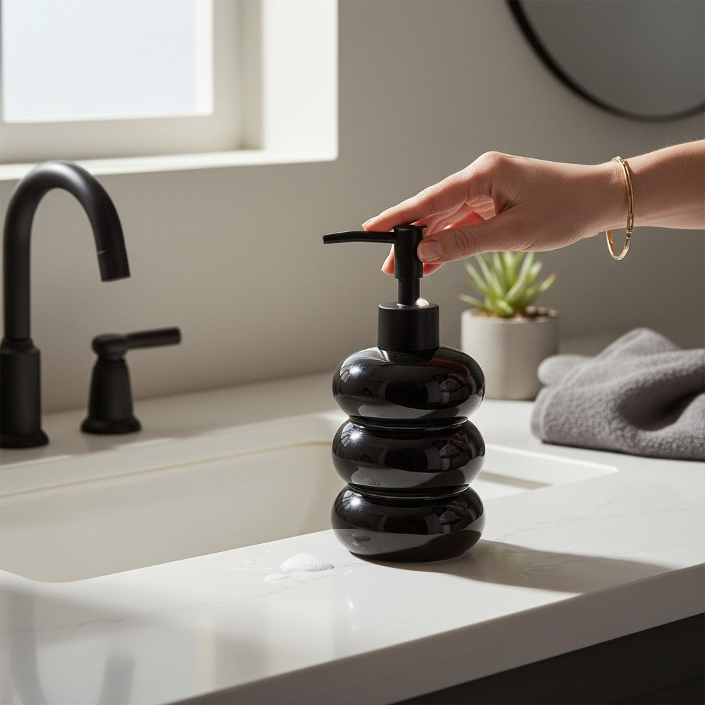 Dispenser de Vidro Branco Bolha com Bico Preto Fosco