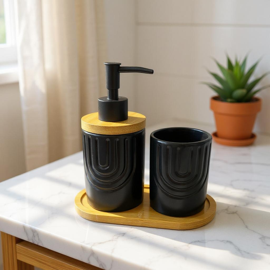 Conjunto de Banheiro com Bandeja de Bambu Branco com Dourado Alidolado
