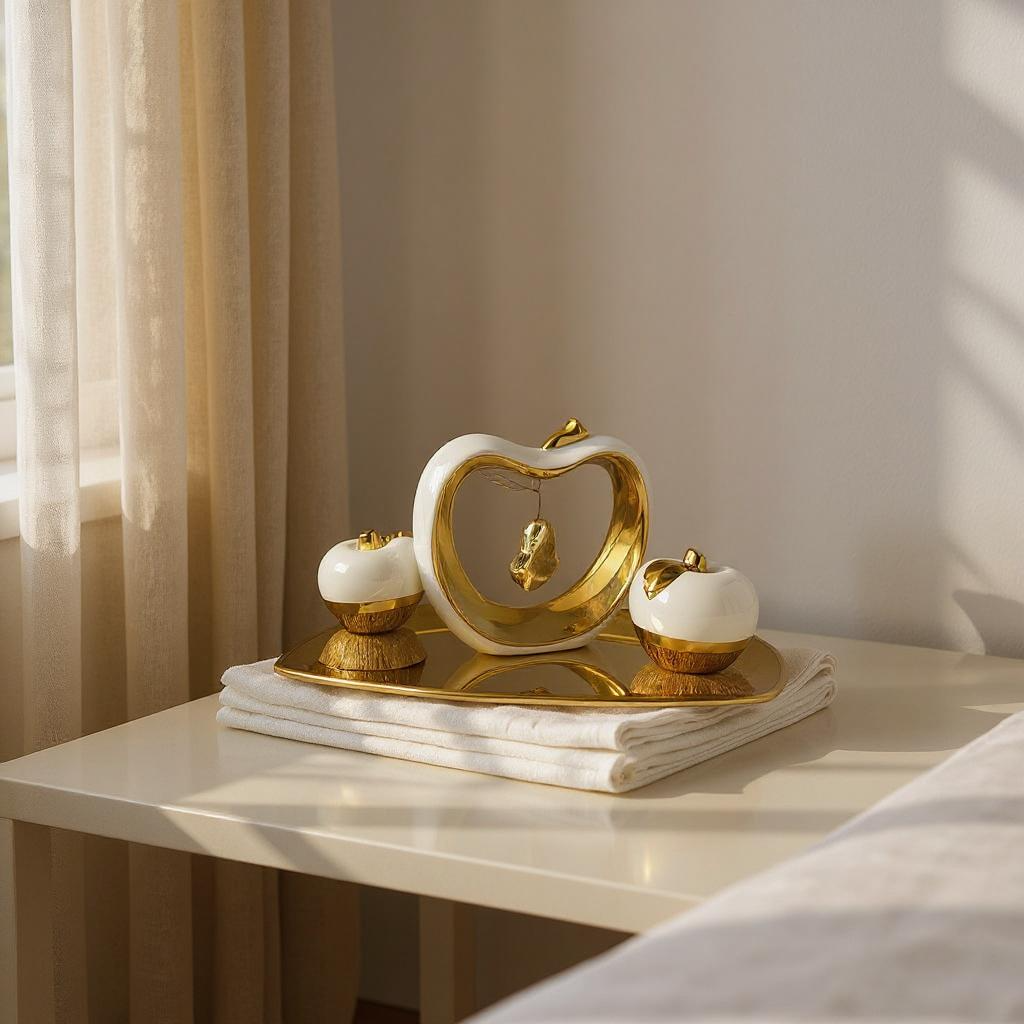 Conjunto Decorativo com Maçãs e Coração Dourado Branco Alidolado