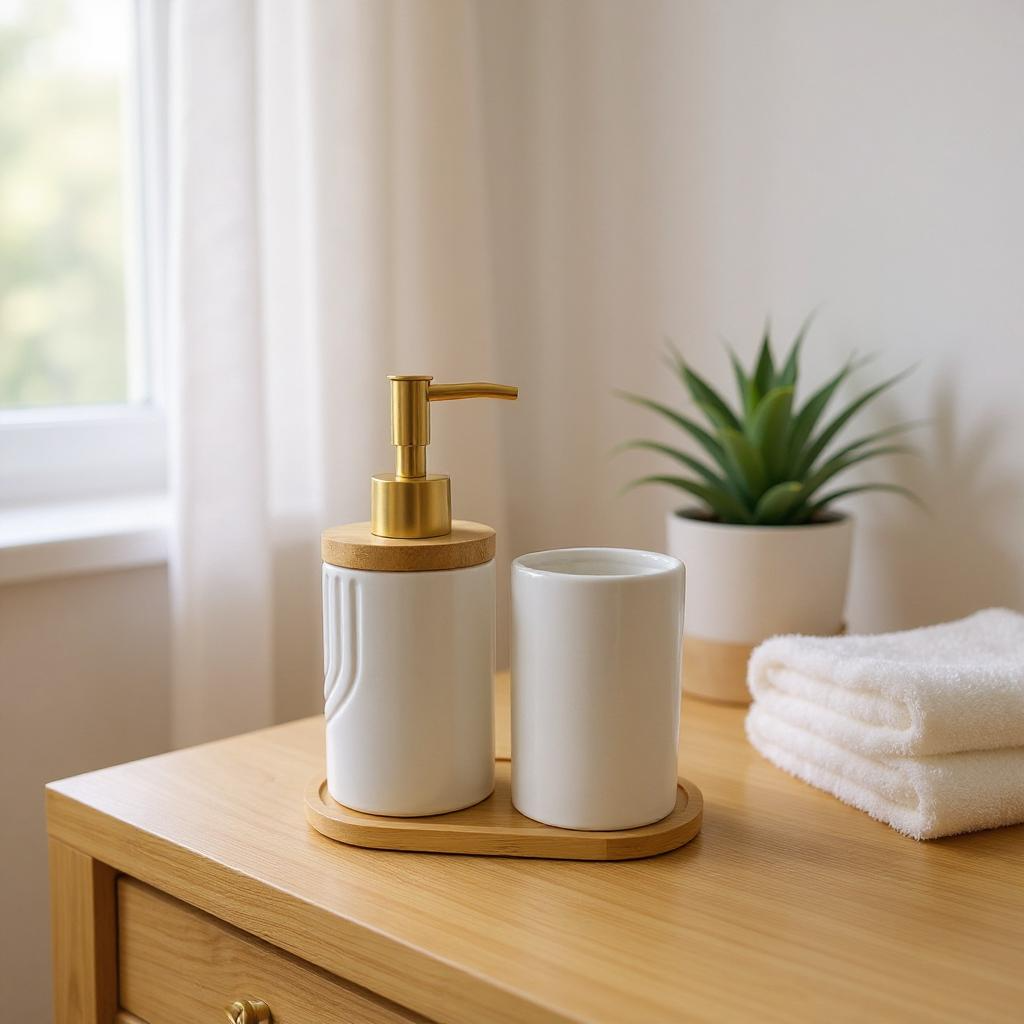 Conjunto de Banheiro com Bandeja de Bambu Branco com Dourado Alidolado