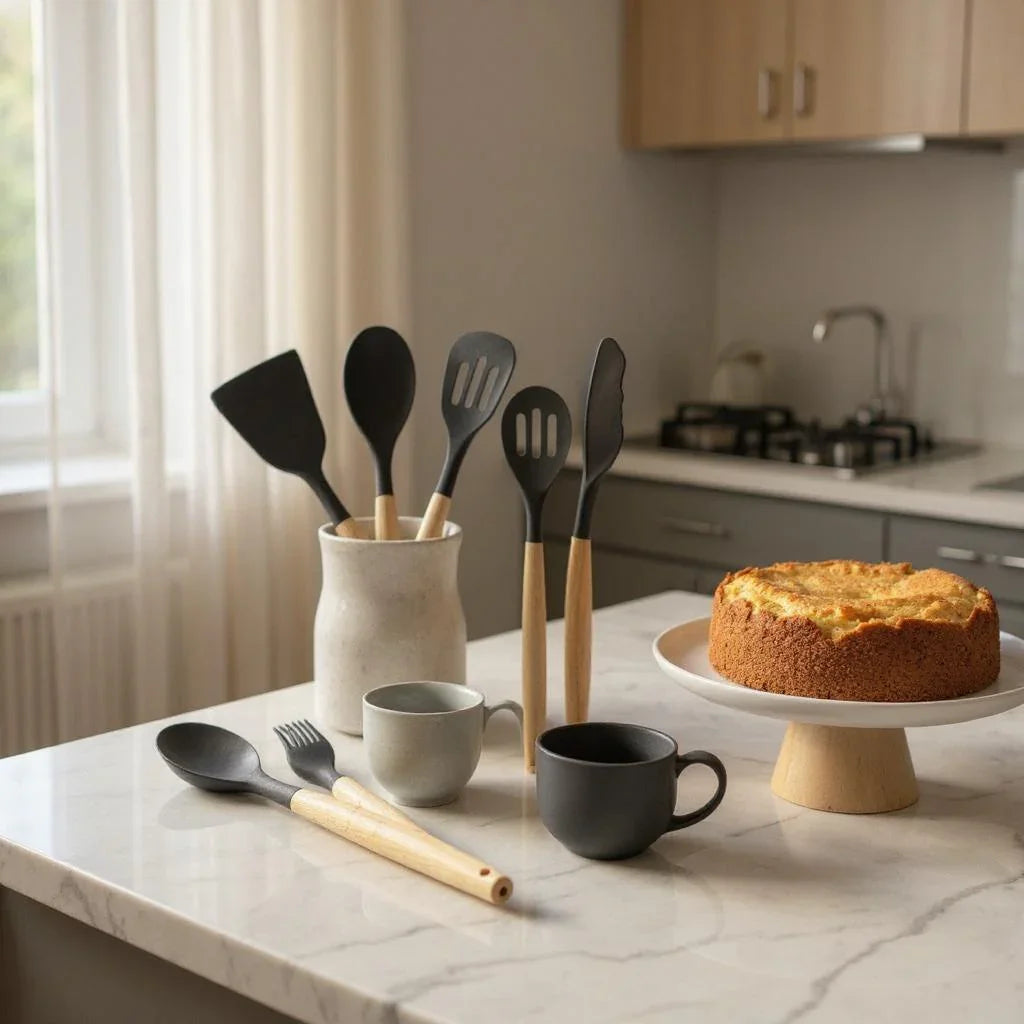 Conjunto de Utensílios de Cozinha Branco – 12 Peças com Cabo de Madeira e Suporte