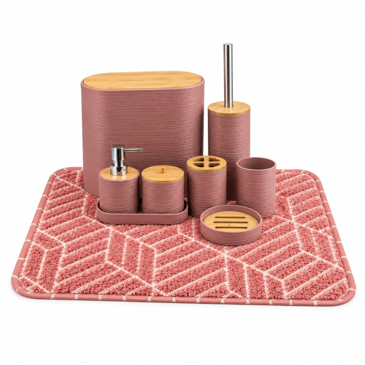 Kit Banheiro Completo com Tapete Antiderrapante 9 Peças Bambu Lixeira Dispenser Bandeja Lavabo
