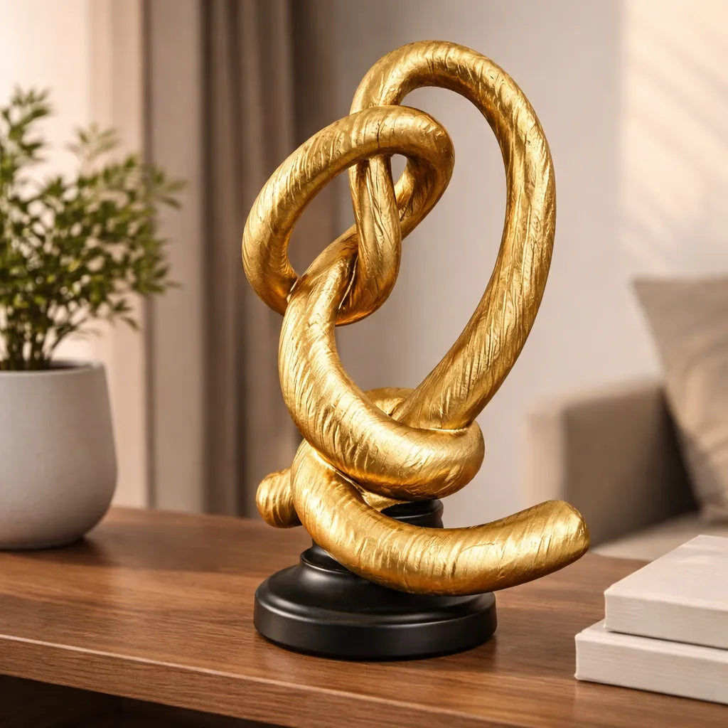 Escultura Decorativa Entrelaçada Dourada com Base Preta em Resina