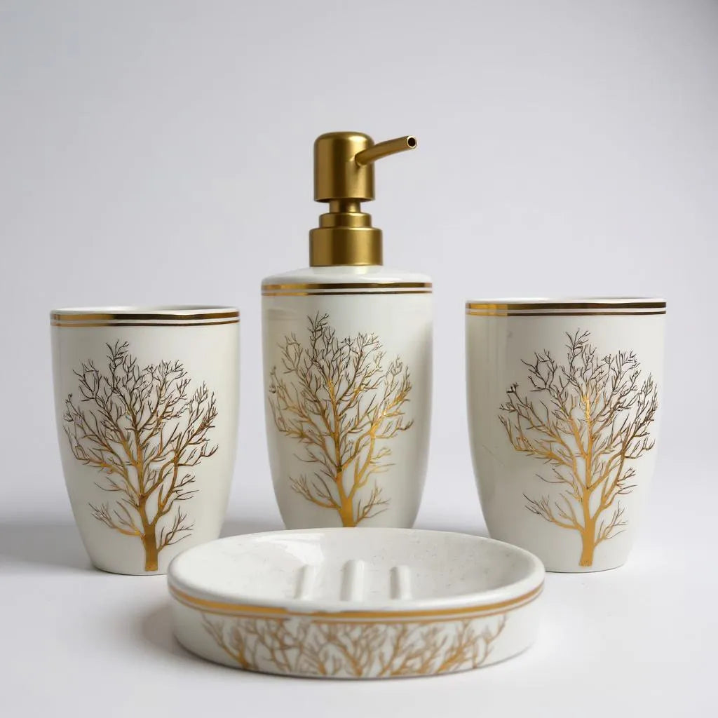 Conjunto de Banheiro Cerâmica Branco com Dourado Alidolado