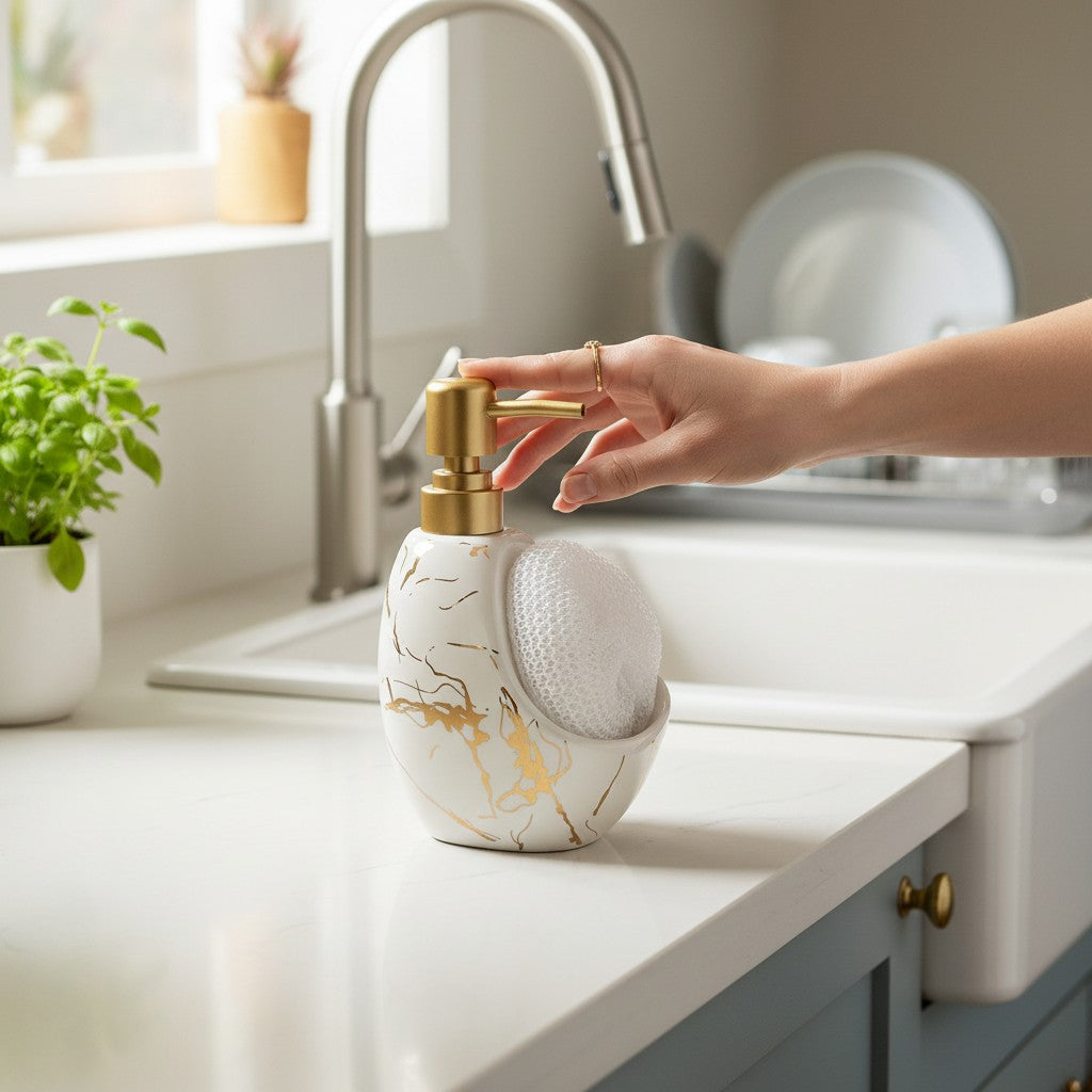 Dispenser de Sabonete Elegância em Cerâmica Branco ou Preto com Dourado