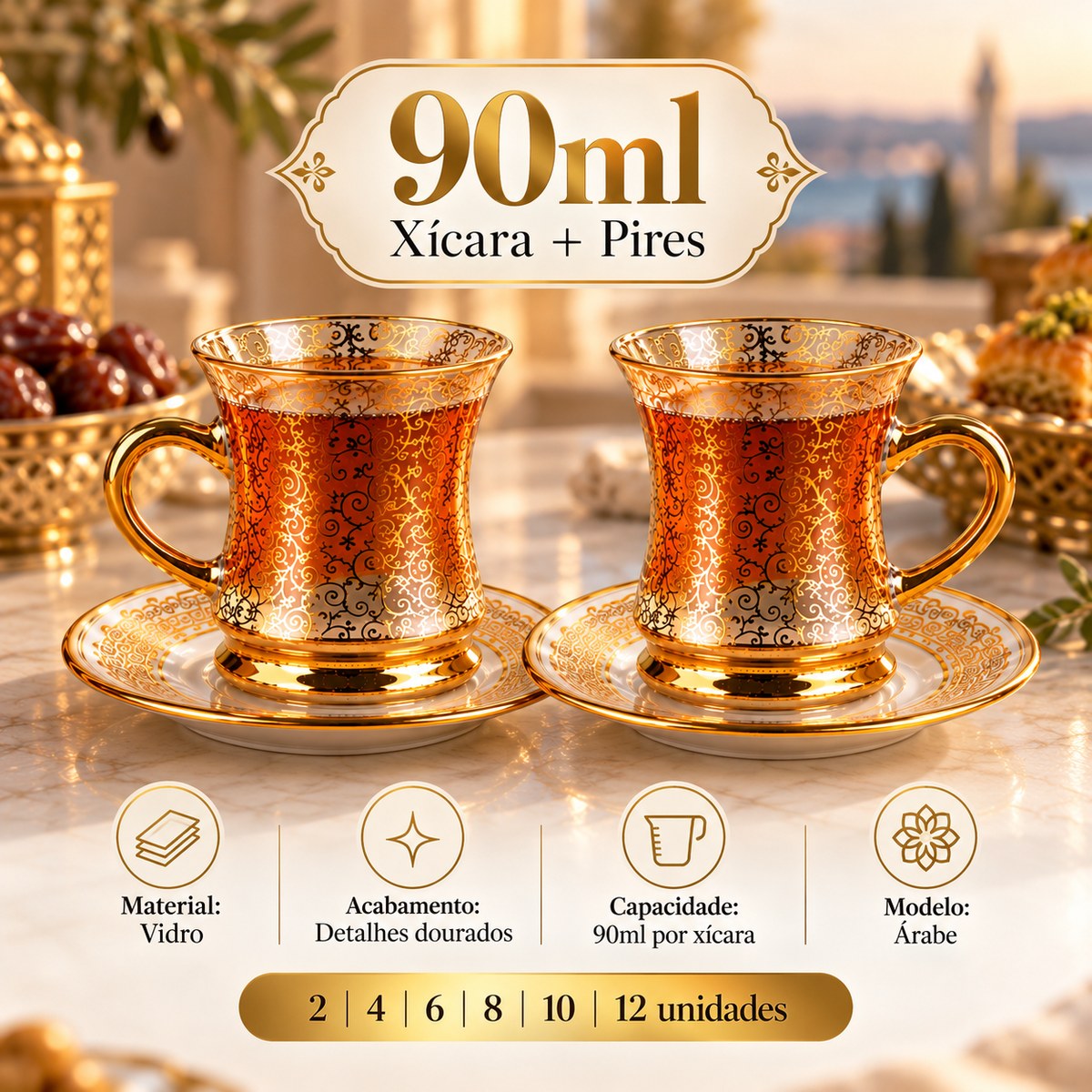 Conjunto de Xícaras Turcas de Vidro com Pires 90ml Borda Dourada Chá e Café Kit 2 a 12 Unidades Modelo Árabe