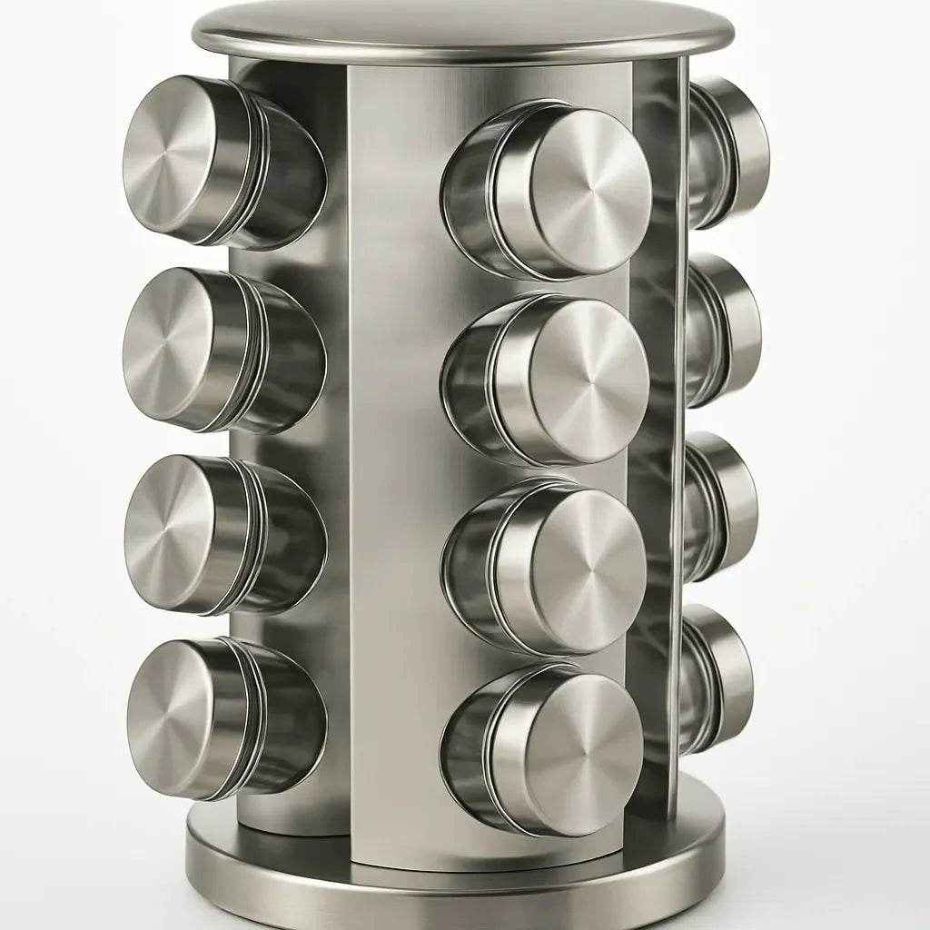 Porta Temperos com Base Giratória em Inox – 16 Peças
