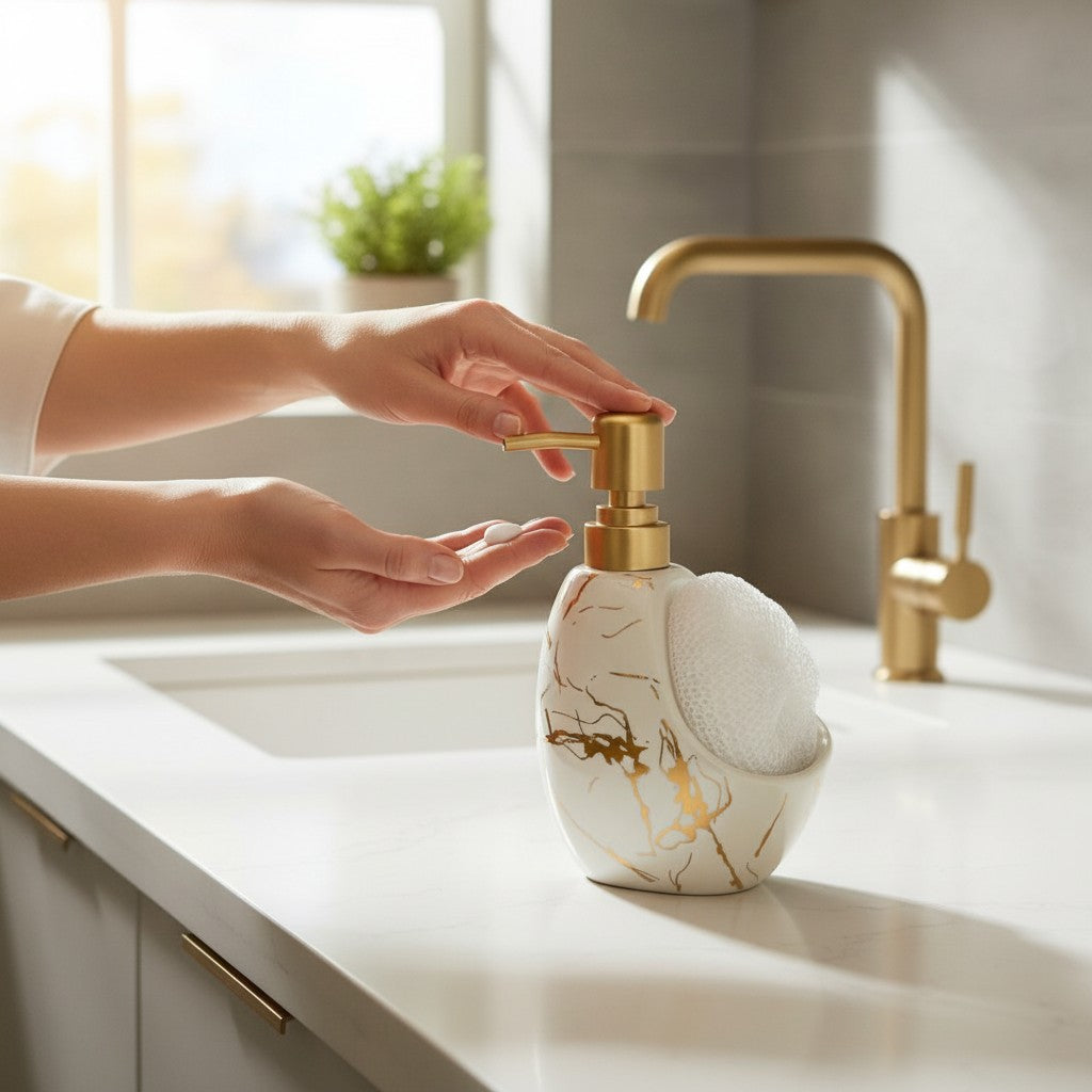 Dispenser de Sabonete Elegância em Cerâmica Branco ou Preto com Dourado