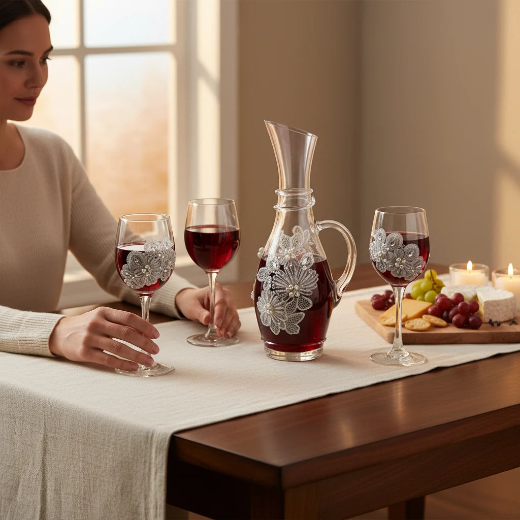 Conjunto de Jarra Vidro e Taças Florais