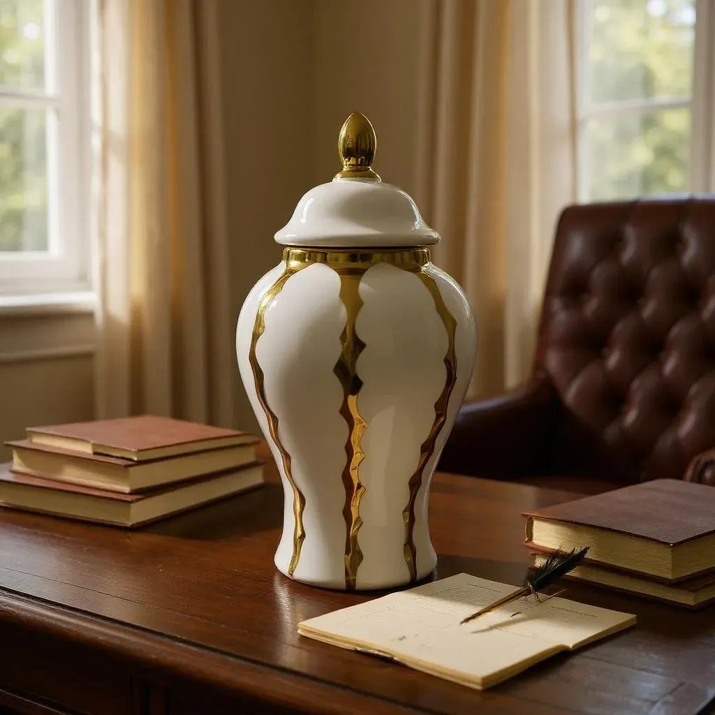 Pote Decorativo com Tampa e Detalhes Dourados Alidolado