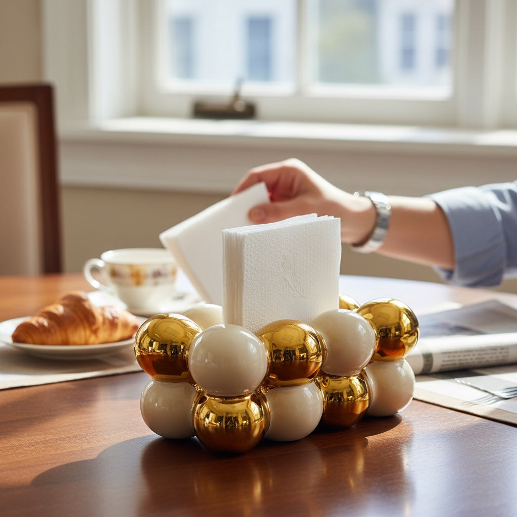 Porta-Guardanapo Oval em Cerâmica Preto com Detalhes Dourados