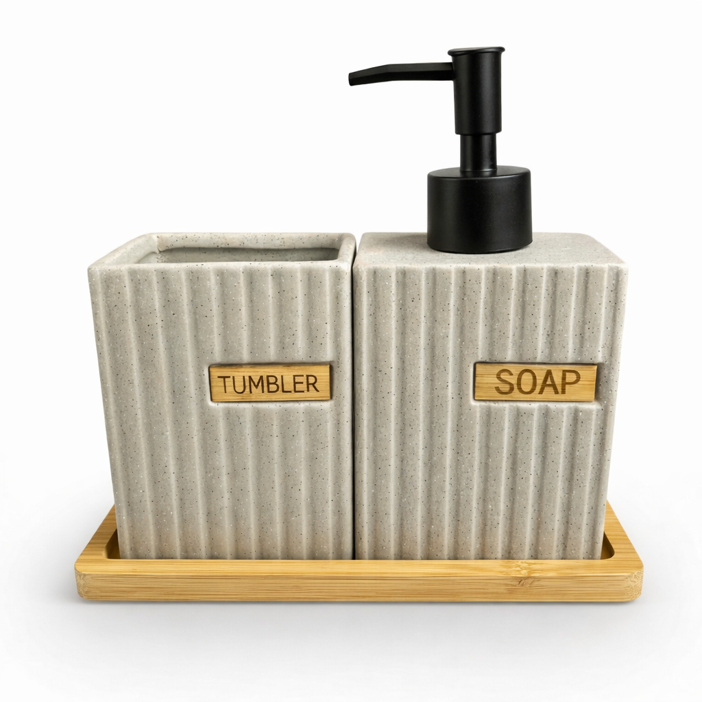 Kit Banheiro Cerâmico Cinza Fosco com Base em Bambu