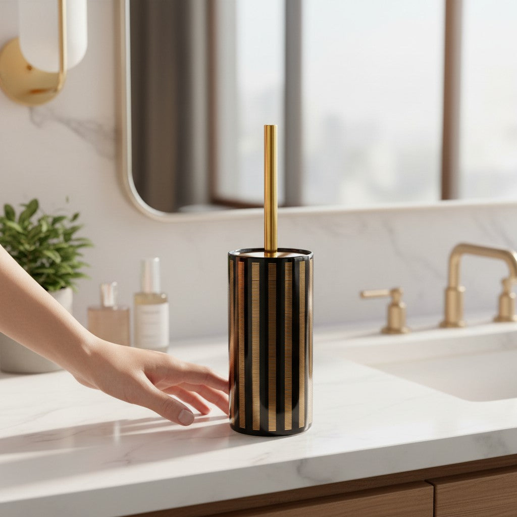 Suporte para Escova Sanitária Cerâmico Branco com Detalhes Dourados