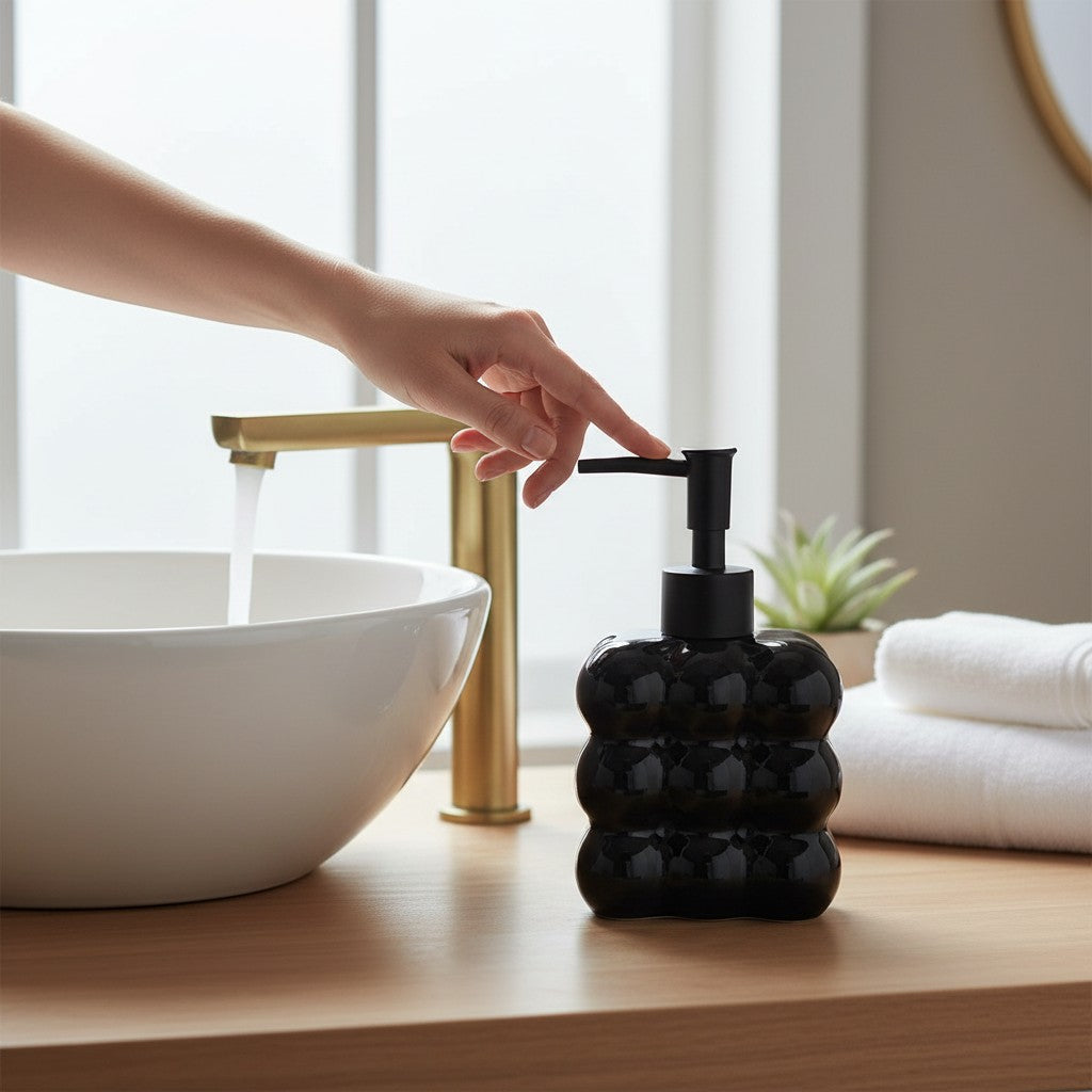 Dispenser de Vidro Preto Bolha com Bico Preto Fosco