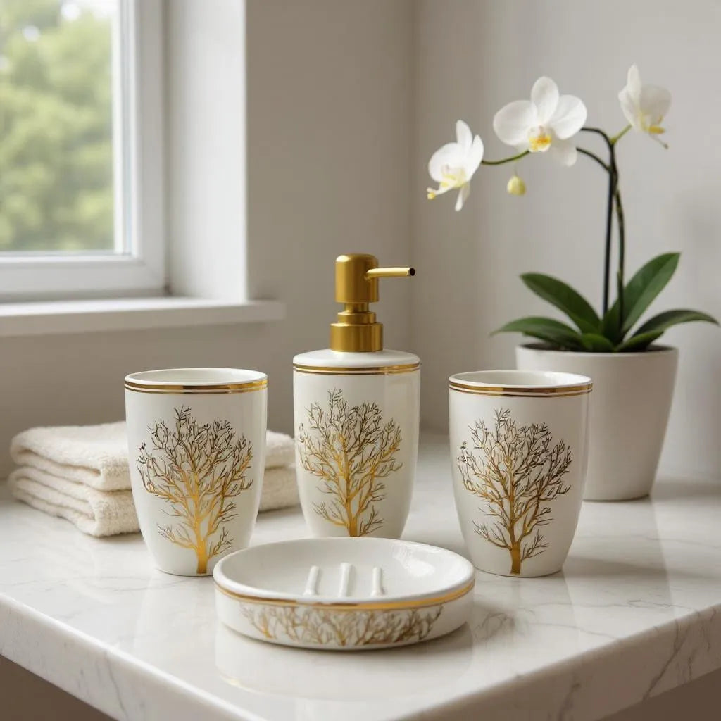 Conjunto de Banheiro Cerâmica Branco com Dourado Alidolado