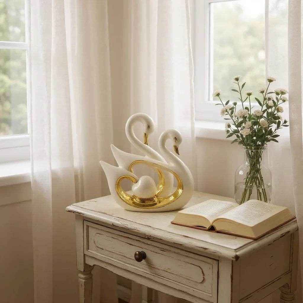 Par de Cisnes Decorativos Brancos com Detalhes Dourados