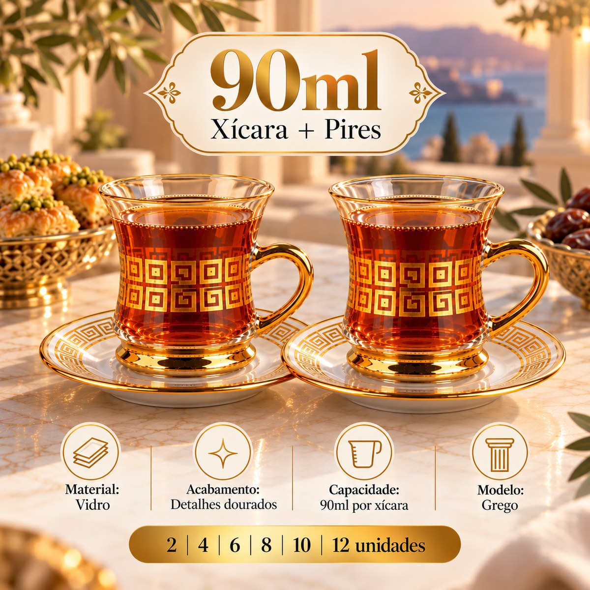 Conjunto de Xícaras Turcas de Vidro com Pires 90ml Borda Dourada Chá e Café Kit 2 a 12 Unidades Modelo Grego