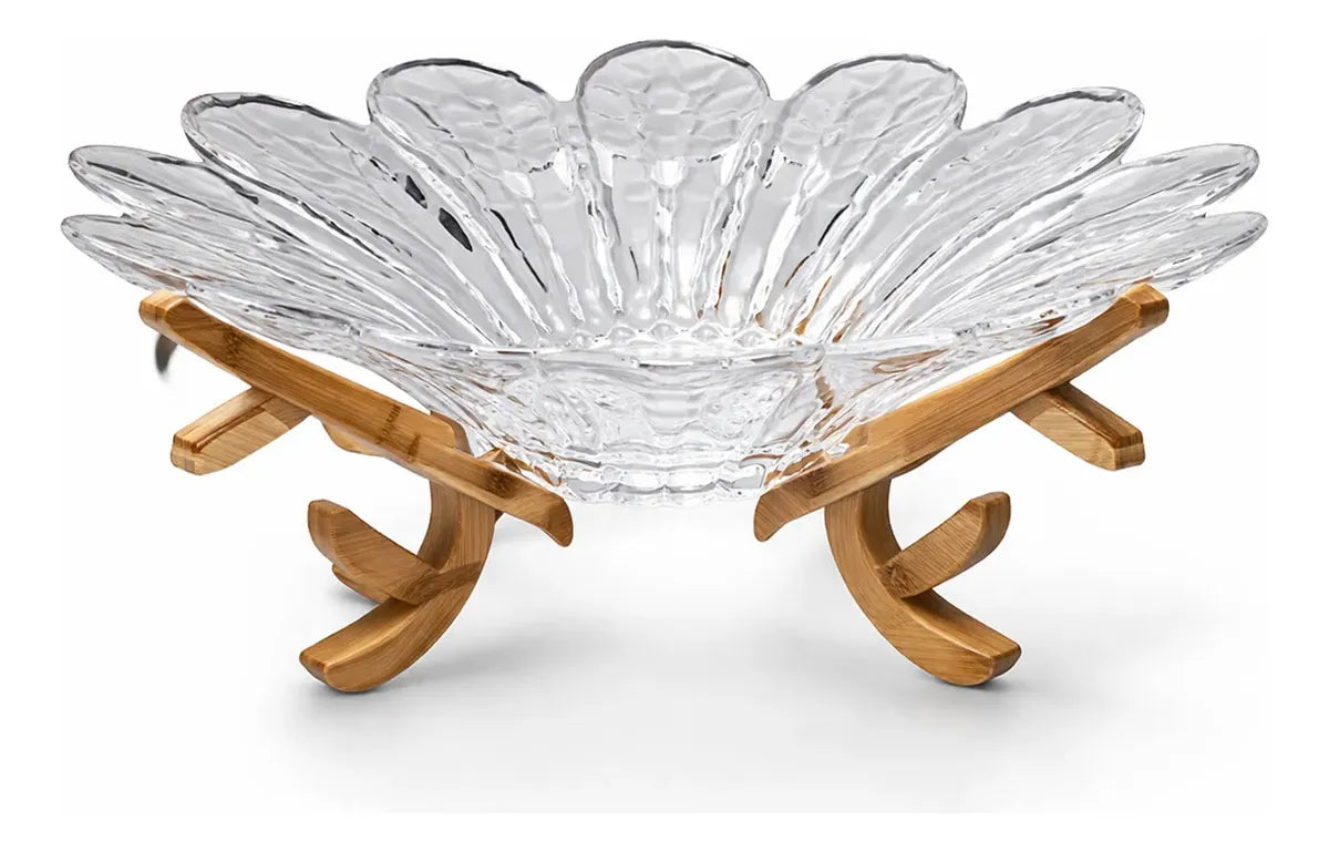 Fruteira de Vidro com Suporte em Bambu