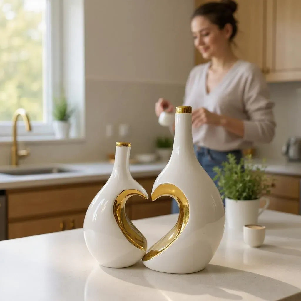 Conjunto de Vasos Decorativos com Coração Dourado Branco e Preto Alidolado