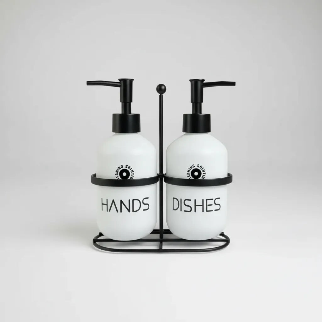 Kit Dispenser de Vidro Branco Fosco com Suporte Preto