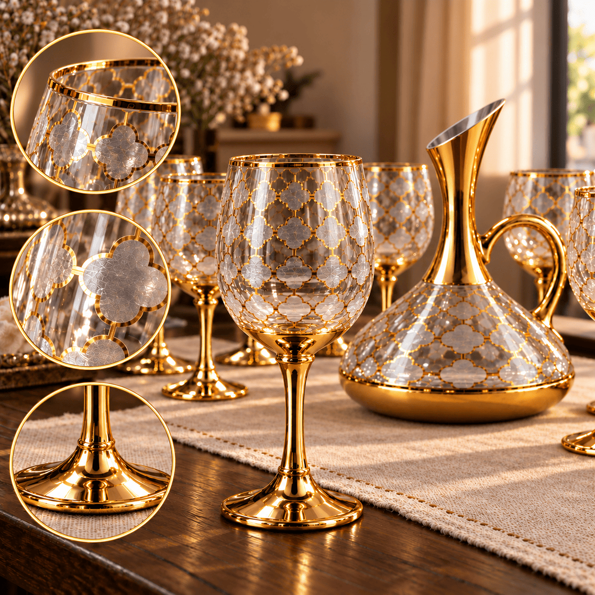 Conjunto Jarra Decanter de Vidro 1,5L Dourado com 6 Taças Decoradas Luxo Diversos Modelos