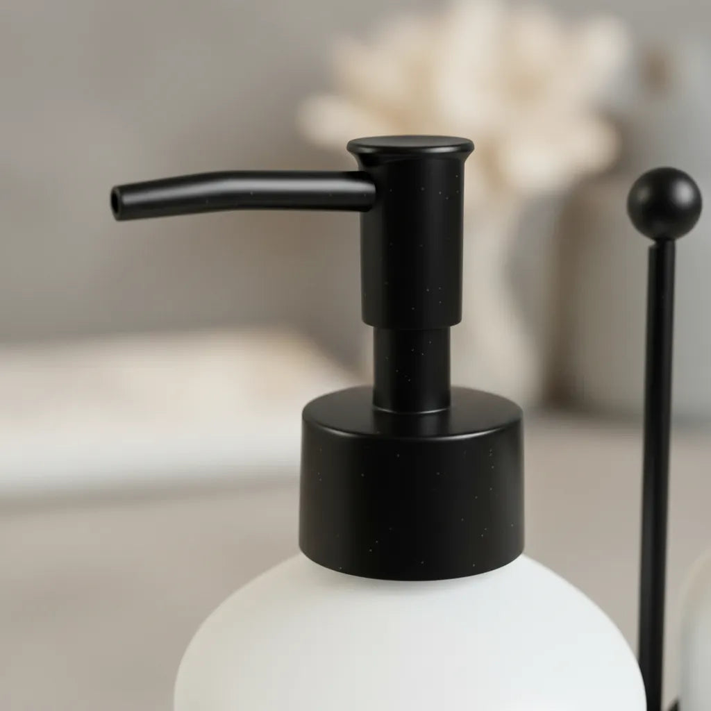 Kit Dispenser de Vidro Branco Fosco com Suporte Preto