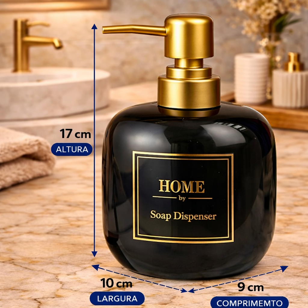 Dispenser de Sabonete Home Elegante em Cerâmica Branco com Tampa Dourada