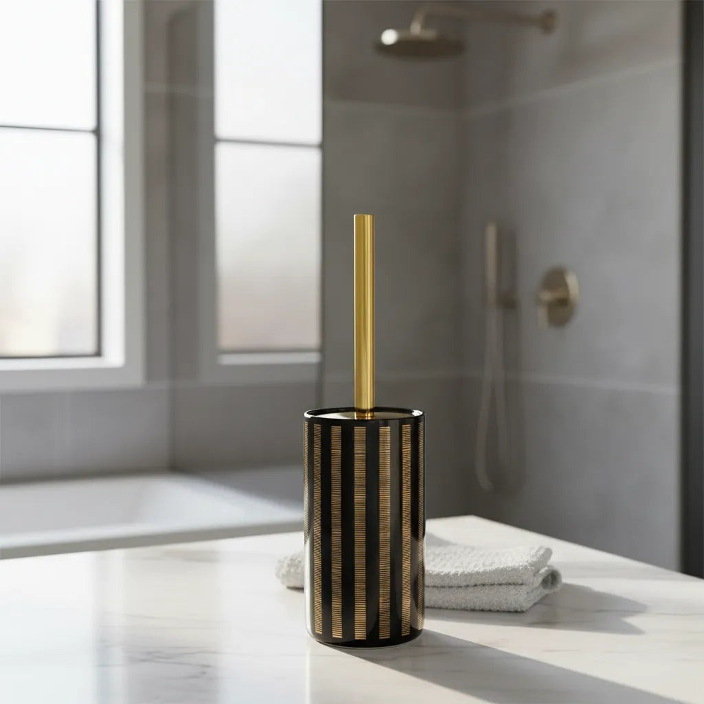 Suporte para Escova Sanitária Cerâmico Branco com Detalhes Dourados