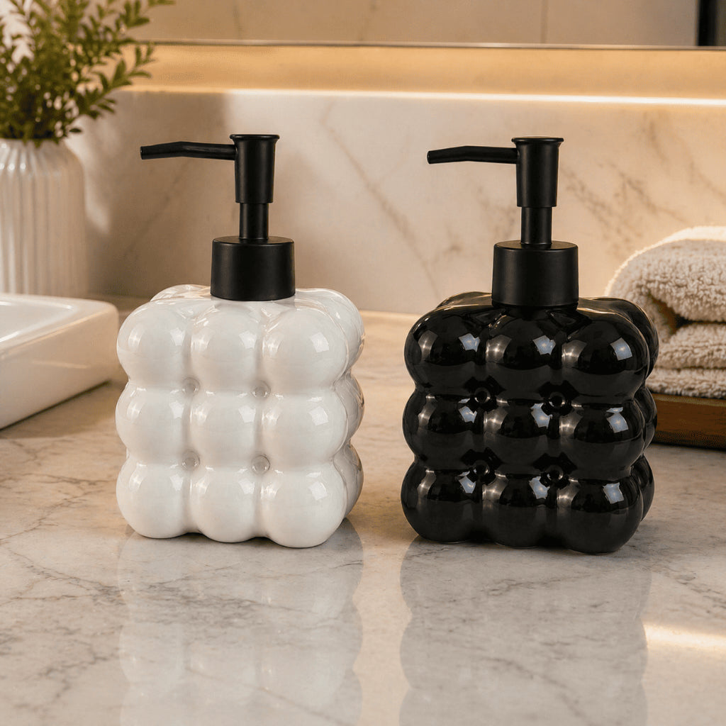 Kit Banheiro Dispenser Vidro Bolha 325ml + Saboneteira Cerâmica Preto ou Branco 2 Peças