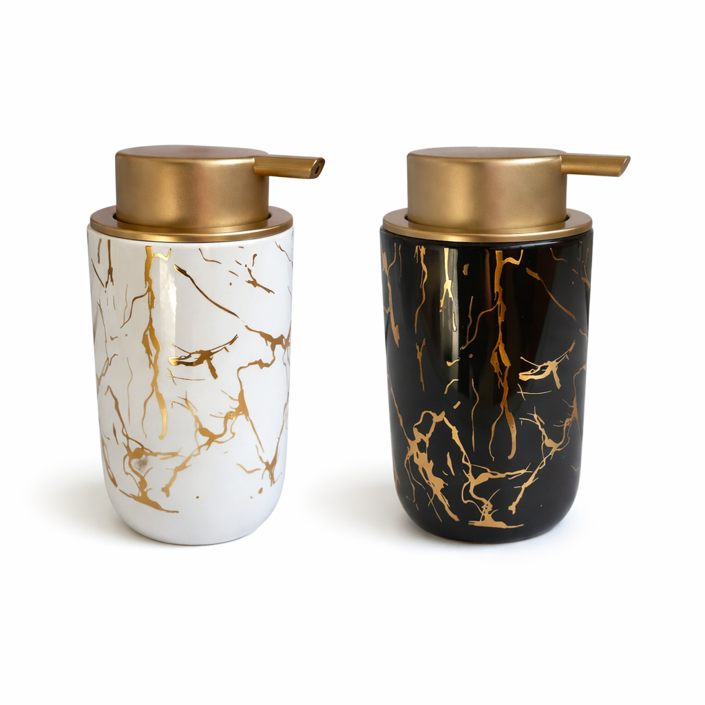 Dispenser de Sabonete Cerâmico Preto/Branco Marmorizado com Tampa Dourada